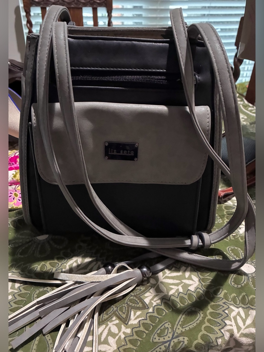 Liz Soto Charcoal & Grey shoulderbag/backpack. Lots of Storage. Faux Leather EC